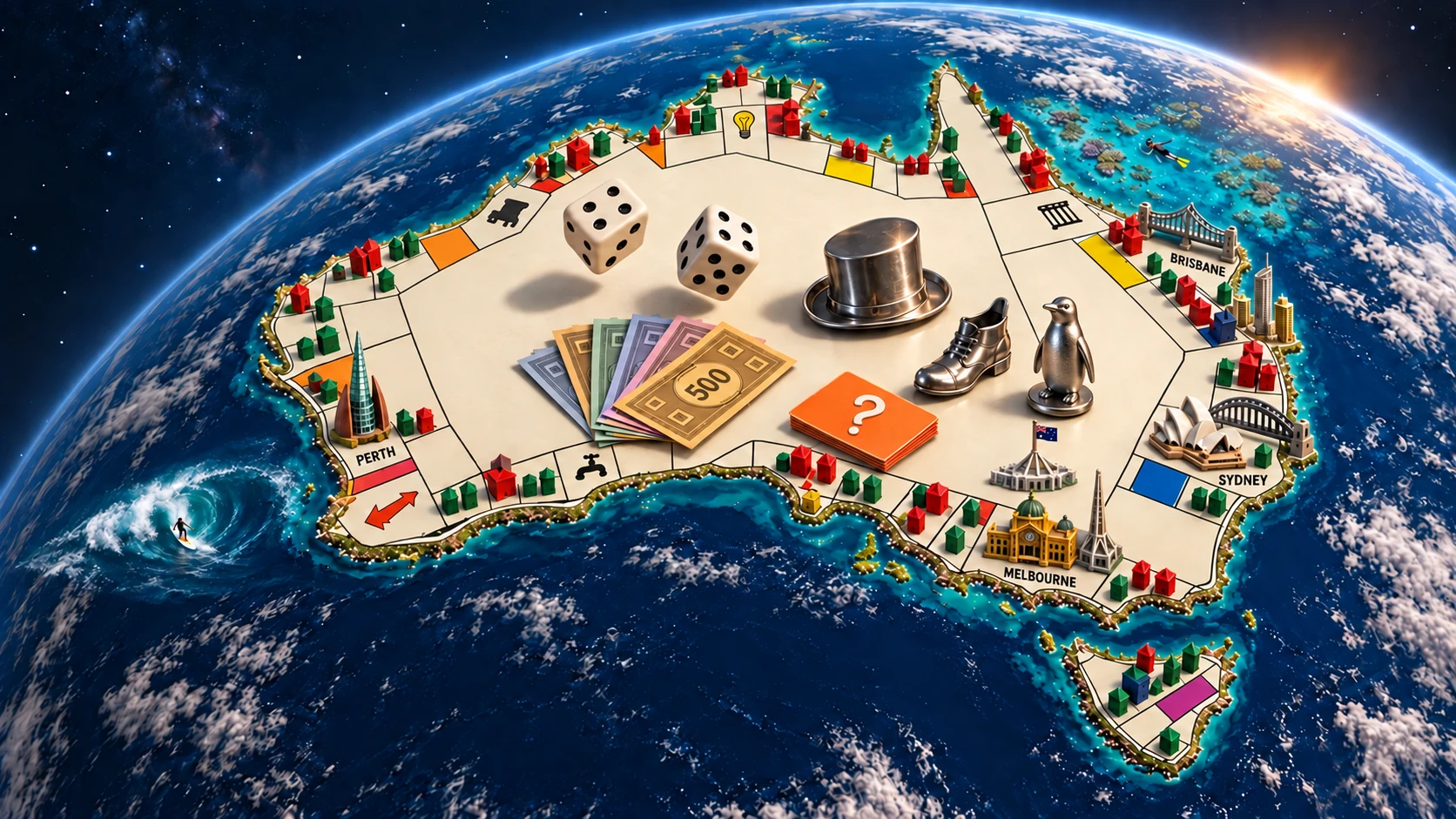 Australia imagined as a property-game board with city landmarks, clusters of small houses, a top hat and dice mid-roll; tiny reef and surfing scenes sit offshore.