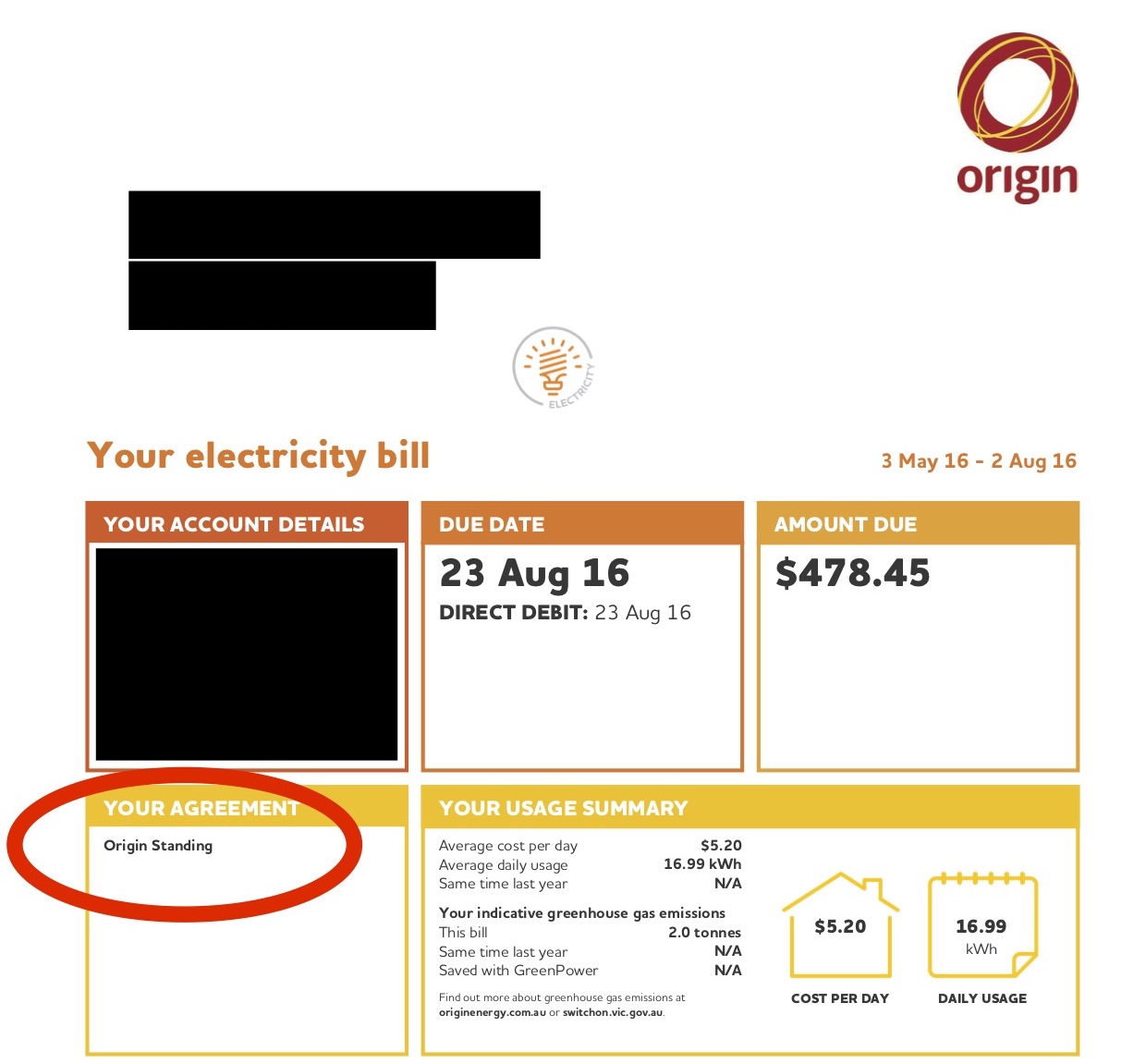 Compare Electricity Prices - The Front Page of an Origin Bill