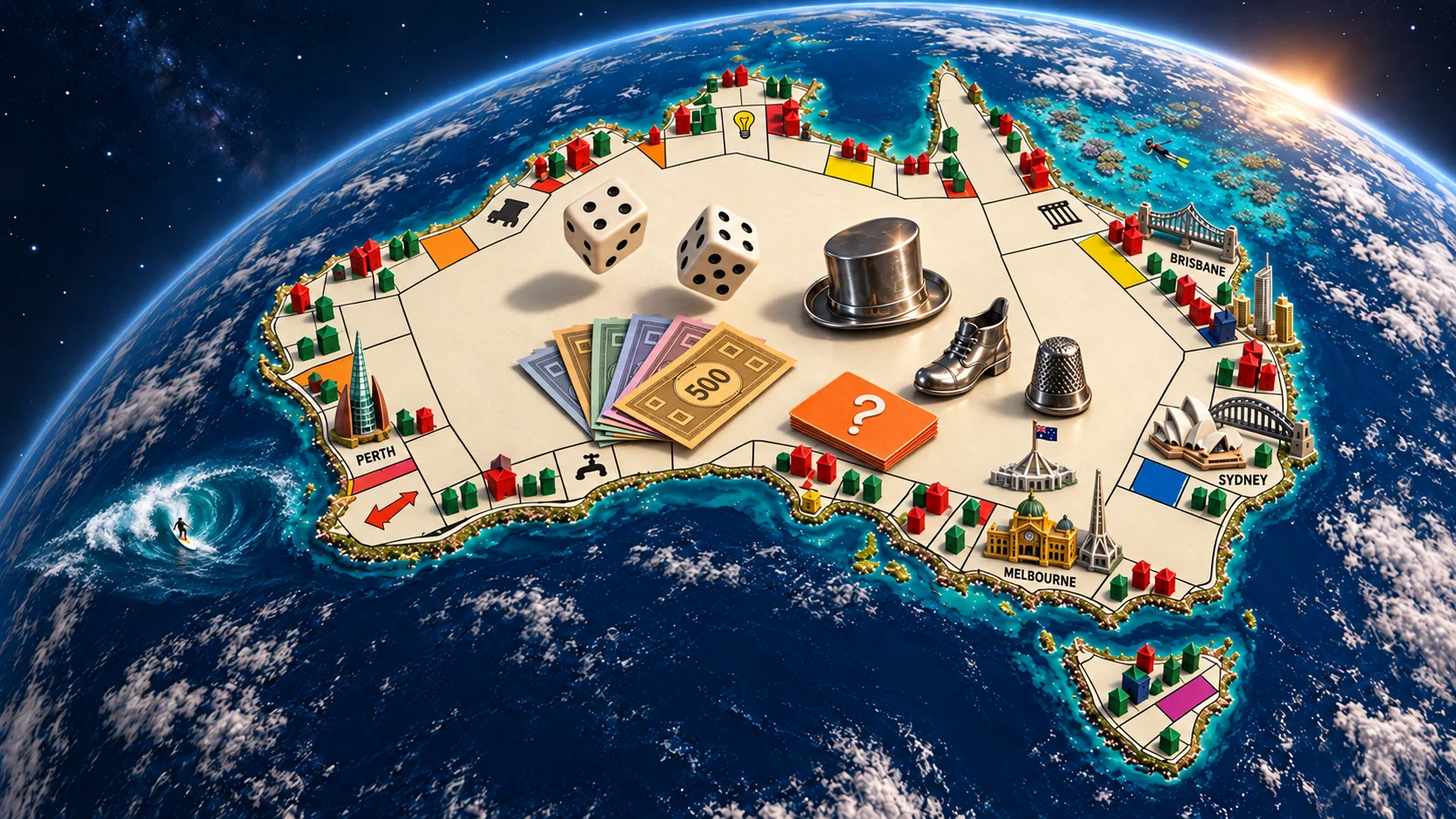 Australia imagined as a property-game board with city landmarks, clusters of small houses, a top hat and dice mid-roll; tiny reef and surfing scenes sit offshore.